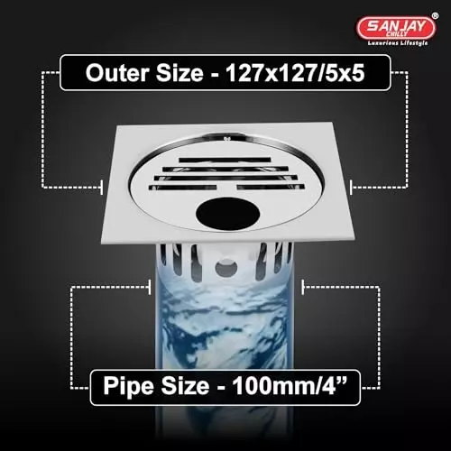 Sanjay Chilly Square Classic Gypsy Floor Drainer with Cockroach Trap and Pipe Hole Silver 127 x 127 mm, ‎SCCT-SCG-127