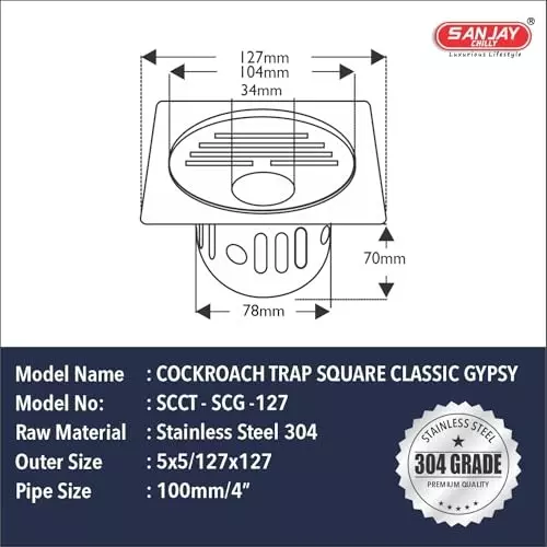 Sanjay Chilly Square Classic Gypsy Floor Drainer with Cockroach Trap and Pipe Hole Silver 127 x 127 mm, ‎SCCT-SCG-127