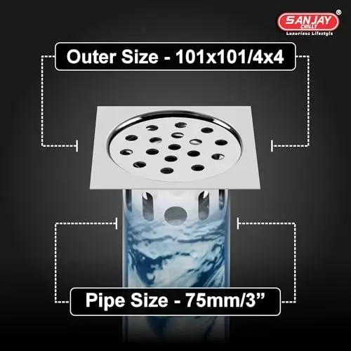 Sanjay Chilly Square Floor Drainer with Cockroach Trap Silver 101 x 101 mm, ‎SCCT-S-101