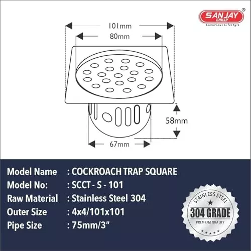 Sanjay Chilly Square Floor Drainer with Cockroach Trap Silver 101 x 101 mm, ‎SCCT-S-101