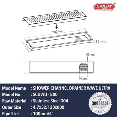 Sanjay Chilly Wave Ultra Shower Drain Channel Silver Side Hole 120 x 800 mm, SCDWU-800-SH