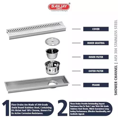 Sanjay Chilly Wave Ultra Shower Drain Channel Silver Side Hole 120 x 800 mm, SCDWU-800-SH