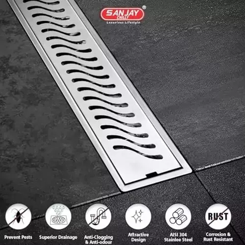 Sanjay Chilly Wave Ultra Shower Drain Channel Silver Side Hole 120 x 800 mm, SCDWU-800-SH