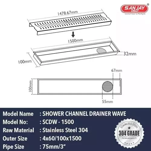 Sanjay Chilly Wave Shower Drain Channel Silver Side Hole 100 x 1500 mm, SCDW- 1500