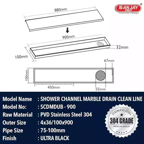 Sanjay Chilly Marble Shower Drain Channel Black Side Hole 100 x 900 mm, SCDTDUB-900