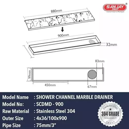 Sanjay Chilly Marble Tile Shower Drain Channel Silver Side Hole 100 x 900 mm, SCDTD-900