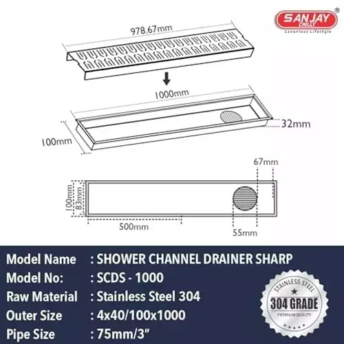 Sanjay Chilly Sharp Shower Drain Channel Silver Side Hole 100 x 1000 mm, SCDS- 1000