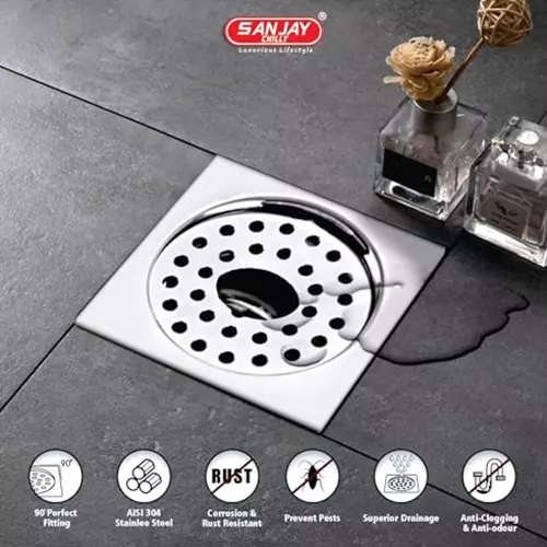 Sanjay Chilly Tof Square Gypsy Floor Drainer with Hole Silver 153 x 153 mm, TOF-SG-153