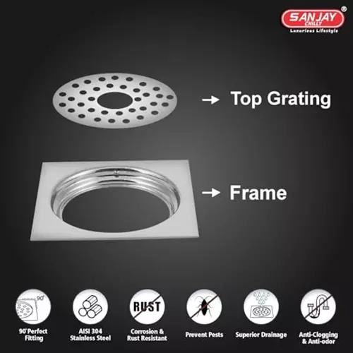 Sanjay Chilly Tof Square Gypsy Floor Drainer with Hole Silver 153 x 153 mm, TOF-SG-153