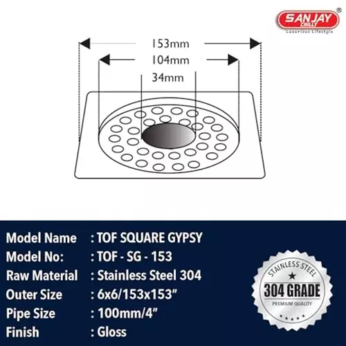 Sanjay Chilly Tof Square Gypsy Floor Drainer with Hole Silver 153 x 153 mm, TOF-SG-153