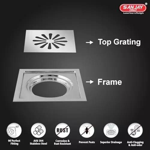 Sanjay Chilly Tof Square Ezee Floor Drainer Silver 153 x 153 mm, TOF-SE-GS-153
