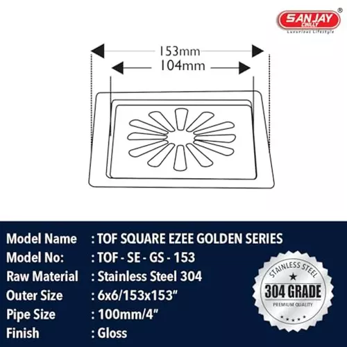 Sanjay Chilly Tof Square Ezee Floor Drainer Silver 153 x 153 mm, TOF-SE-GS-153