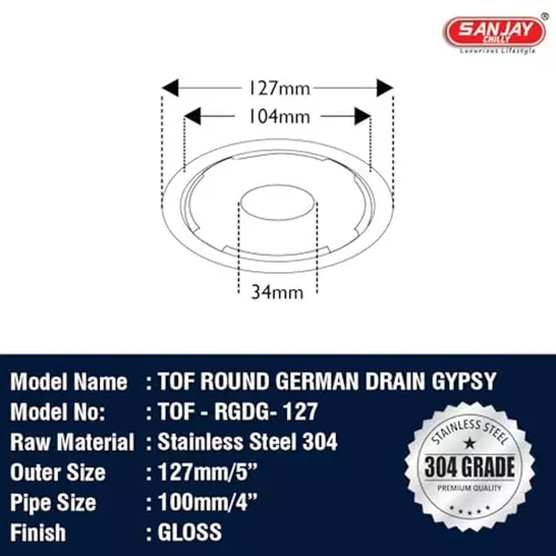 Sanjay Chilly Tof Round German Gypsy Floor Drainer with Pipe Hole Silver 127 mm, TOF-RGDG-127