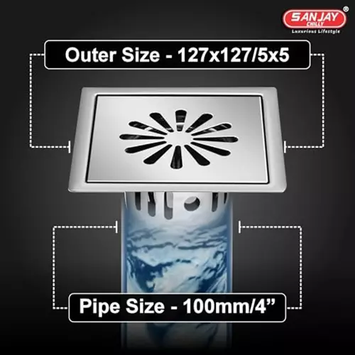 Sanjay Chilly Square Ezee Floor Drainer With Cockroach Trap Silver 127 x 127 mm, SCCT-SE-GS-127