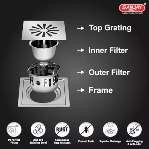 Sanjay Chilly Square Ezee Floor Drainer With Cockroach Trap Silver 127 x 127 mm, SCCT-SE-GS-127