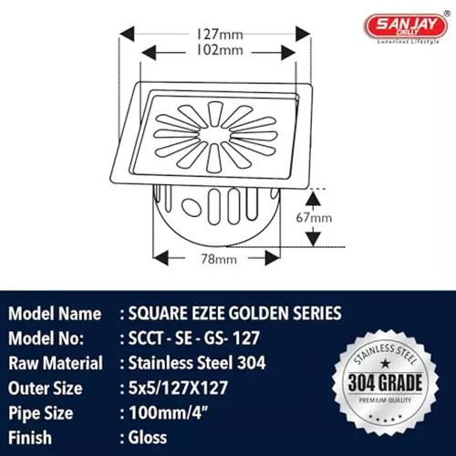 Sanjay Chilly Square Ezee Floor Drainer With Cockroach Trap Silver 127 x 127 mm, SCCT-SE-GS-127
