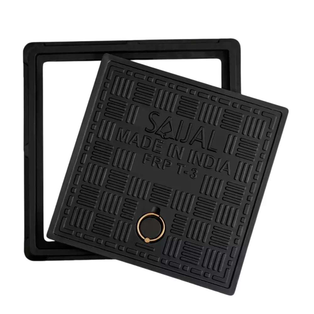 SAIJAL Manhole Cover Square Black 535x535 mm (21x21 inch) Outer Frame Size 5 Ton Load Capacity