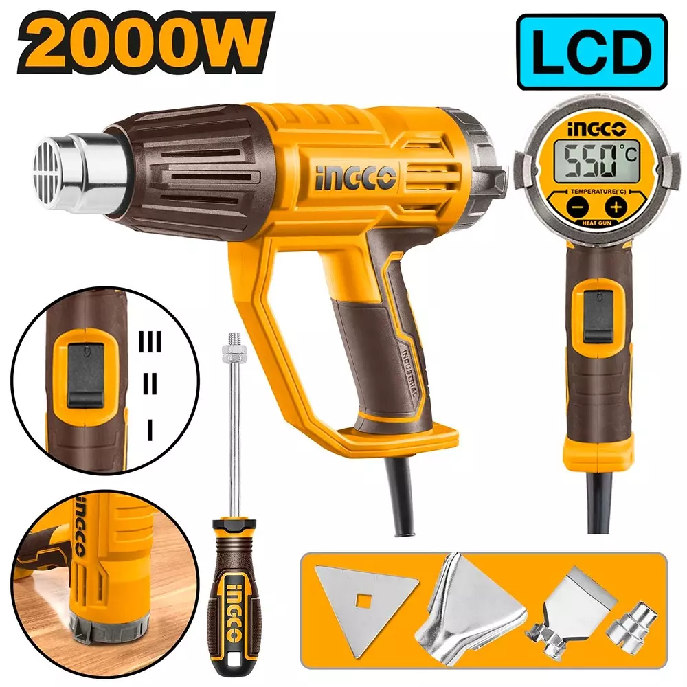 Ingco Electric Heat Gun with 3 Pcs Nozzle, 450/300/450 LPM Air Flow and 2000 W Power, HG200058
