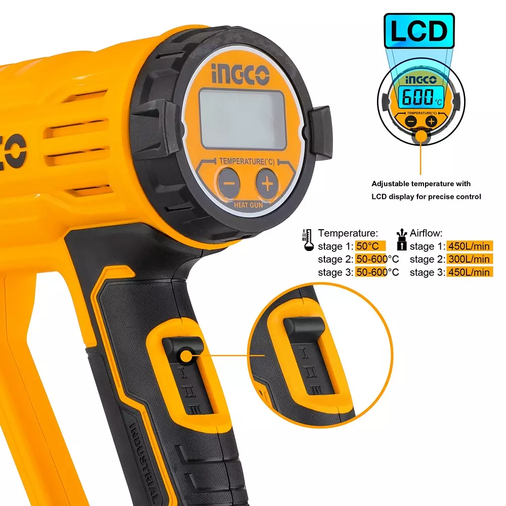 Ingco Electric Heat Gun with 3 Pcs Nozzle, 450/300/450 LPM Air Flow and 2000 W Power, HG200058