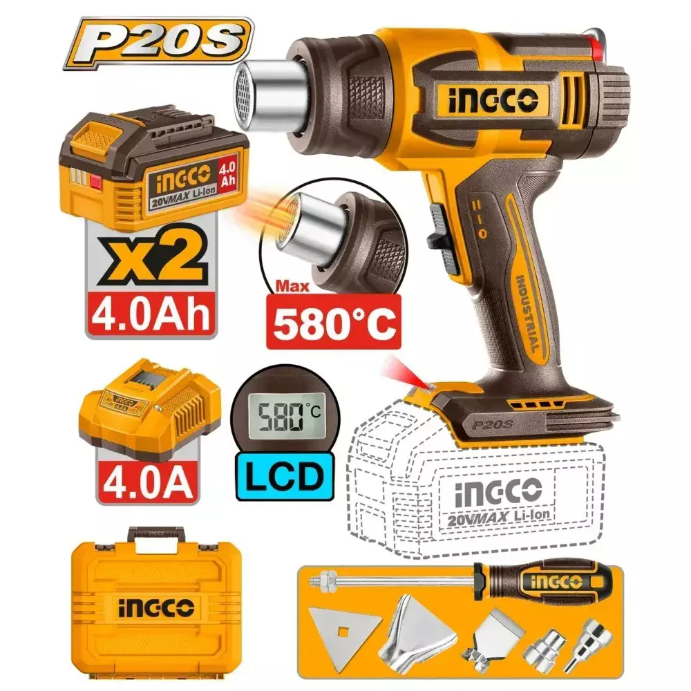 ingco-cordless-heat-gun-100200-lmin-air-flow-40-ah-battery-capacity-30-300c-30-580c-temperature-hgli20582