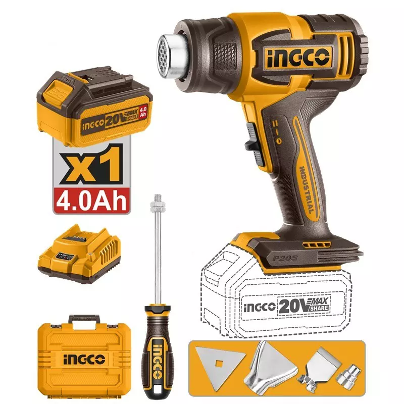 ingco-cordless-heat-gun-set-20-v-battery-voltage-100200-lmin-air-flow-rate-with-accessories-hgli20065