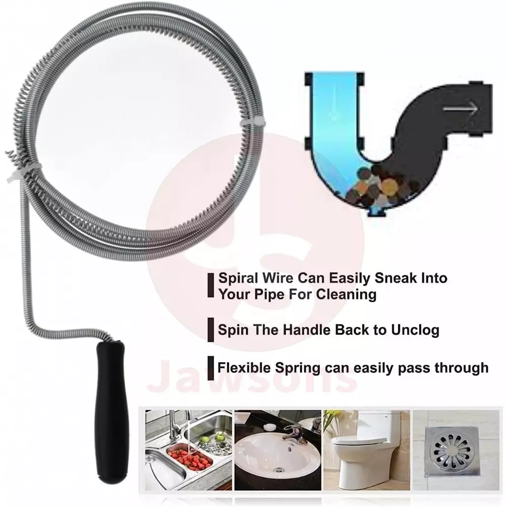Jawsons Flexible Spring Wire Sink & Drain Cleaner 5 m for Clogs and Debris Removal from Sinks, Tubs, Showers and Pipes