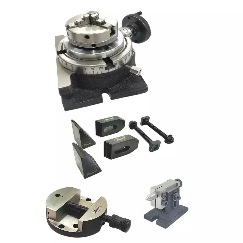 Assorts Precision Rotary Table 100 mm (4 Inch) with Tailstock, M6 Clamp Kit & Round Vice/Vise (with 65 mm 3 Jaws Self Centering Chuck)