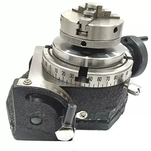 Assorts Quality Precision Tilting Milling Indexing Rotary Table 100 mm (4 Inch) with Small Chuck, Back Plate & Fixing T Nuts Bolts (with 65 mm 4 Jaw)