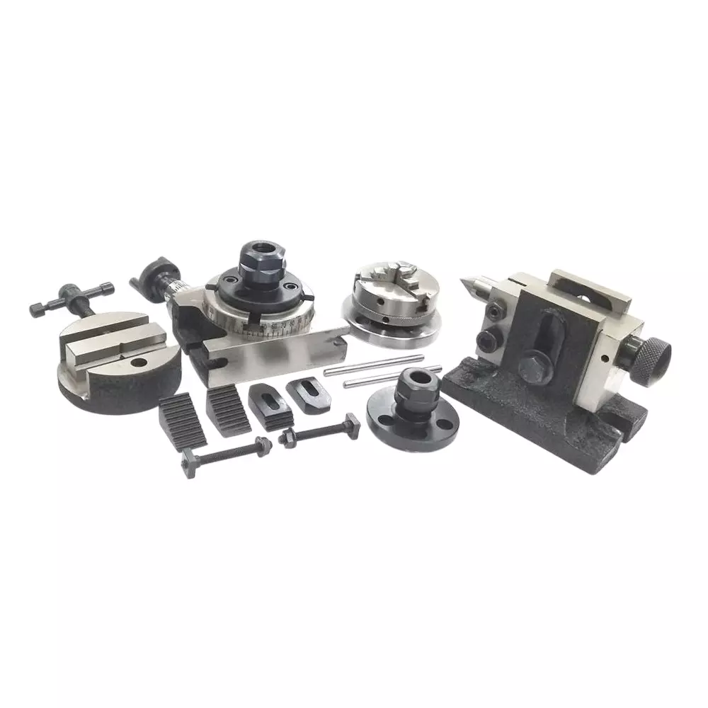 Assorts Rotary Table 80 mm (3 Inch) with ER16 Collet Adaptor, M6 Clamp Kit, Round Vice, Tailstock & A Chuck With Back Plate & Fixing Tnuts (With 65 mm 3 Jaw)