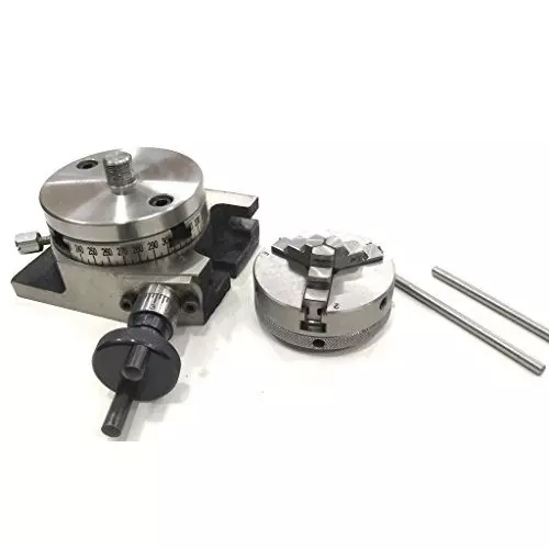 Assorts Rotary Table 80 mm (3 Inch) with ER16 Collet Adaptor, M6 Clamp Kit, Round Vice, Tailstock & A Chuck With Back Plate & Fixing Tnuts (With 65 mm 3 Jaw)