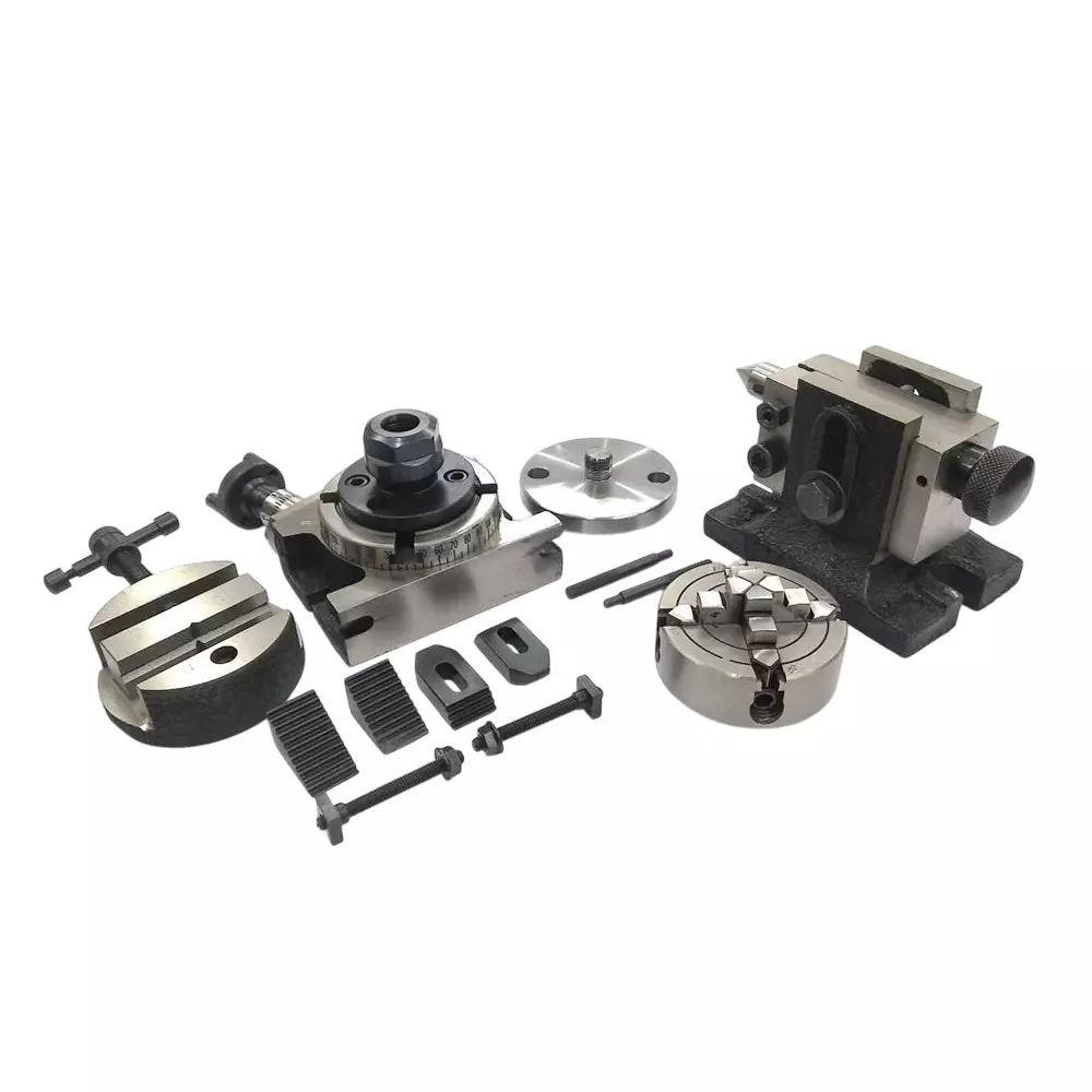 Assorts Rotary Table 80 mm (3 Inch) with ER16 Collet Adaptor, M6 Clamp Kit, Round Vice, Tailstock & A Chuck With Back Plate & Fixing Tnuts (With 70 mm 4 Jaw)