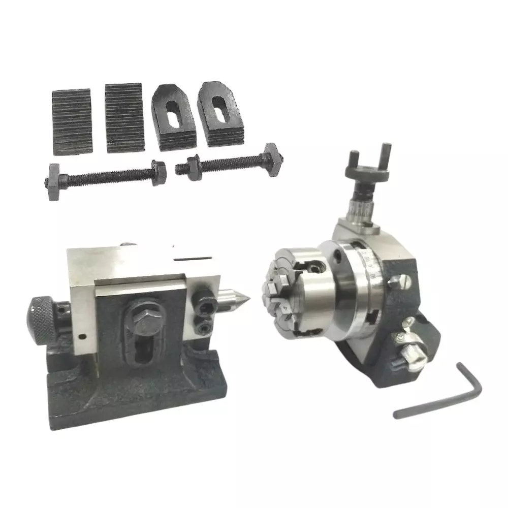 Assorts Tilting Rotary Table 80 mm (3 Inch) with 70 mm 4 Jaw Independent Chuck, Suitable Back Plate & T Nuts Bolts, Tailstock & M6 Clamp Kit
