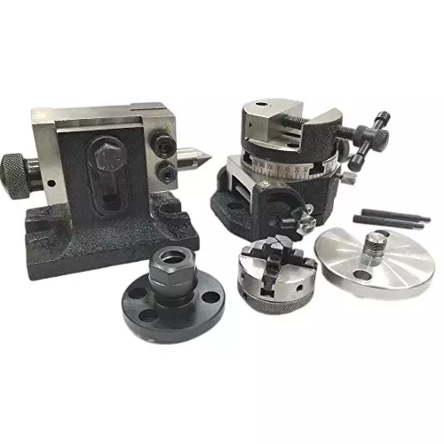Assorts Tilting Rotary Table 80 mm (3 Inch) with Round Vice, ER16 Collet Adaptor, Tailstock & Chuck W/Back Plate + Fixing T Nut Bolts