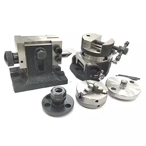 Assorts Tilting Rotary Table 80 mm (3 Inch) with Round Vice, ER16 Collet Adaptor, Tailstock & Chuck W/Back Plate + Fixing T Nut Bolts