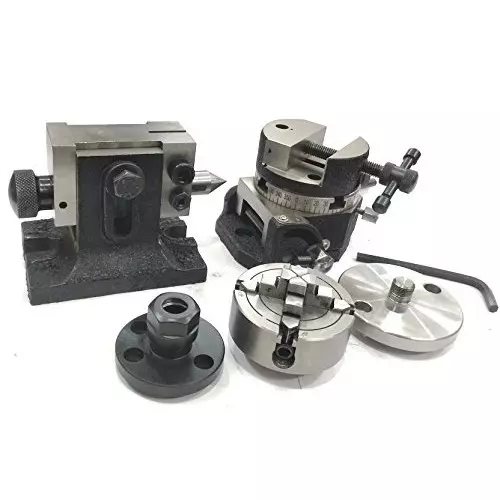 Assorts Tilting Rotary Table 80 mm (3 Inch) with Round Vice, ER16 Collet Adaptor, Tailstock & Chuck W/Back Plate + Fixing T Nut Bolts