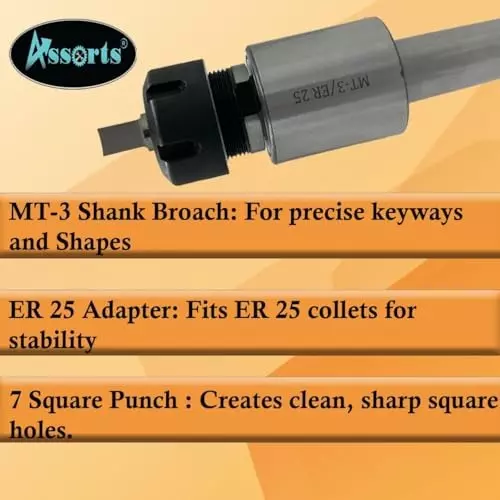 Assorts Rotary Broach Tool Steel ER-25 Adapter MT3 Shank with 7-Square Broaches Set