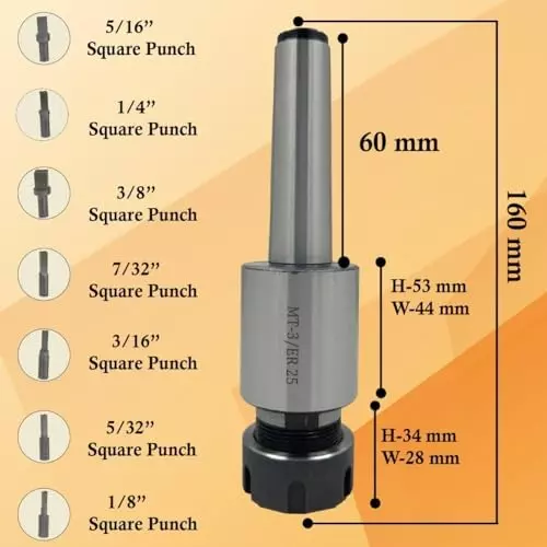 Assorts Rotary Broach Tool Steel ER-25 Adapter MT3 Shank with 7-Square Broaches Set