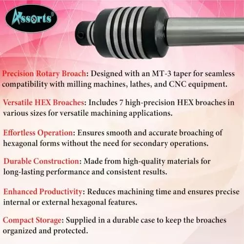 Assorts Rotary Broach MT-3 Morse Taper Shank with 7 Hex Punches Set