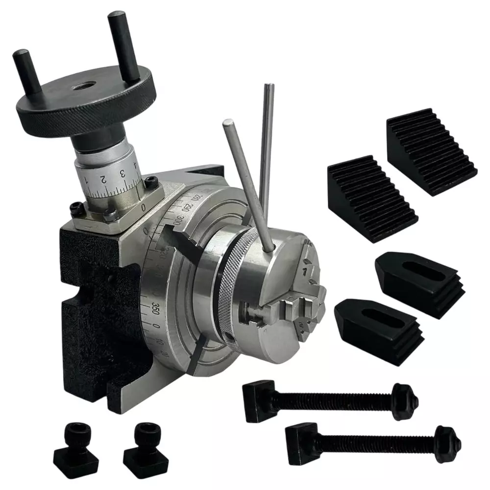 Assorts Quality Precision Rotary Table 100 mm (4 Inch) with M6 Clamp Kit & Small Chuck (with 65 mm 3 Jaws Self Centering Chuck)