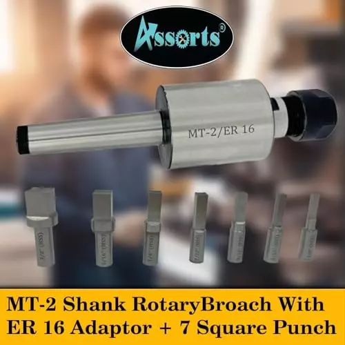 Assorts Rotary Broach Set ER16 Adapter Teng Style 2MT with 7 Square Broaches for Lathe Metalworking