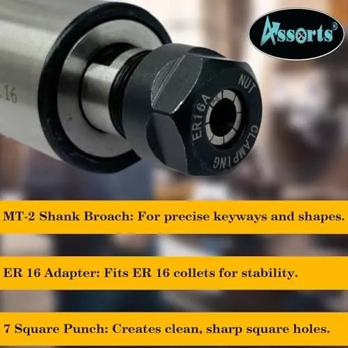 Assorts Rotary Broach Set ER16 Adapter Teng Style 2MT with 7 Square Broaches for Lathe Metalworking