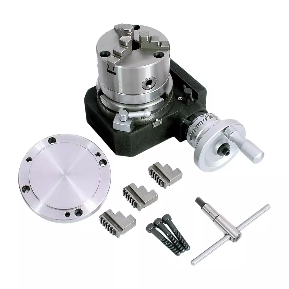 Assorts HV4 Cast Iron & Tool Steel Rotary Table 110 mm (4 Inch) with 100 mm Reversible 3 Jaws+Back Plate+ T-nuts