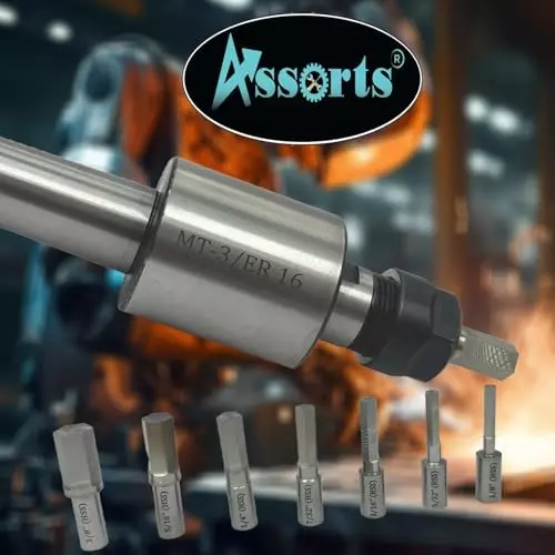 Assorts Rotary Broach Kit Tool Steel ER-16 Adapter MT3 Shank with 7-Piece Hex Broach Set