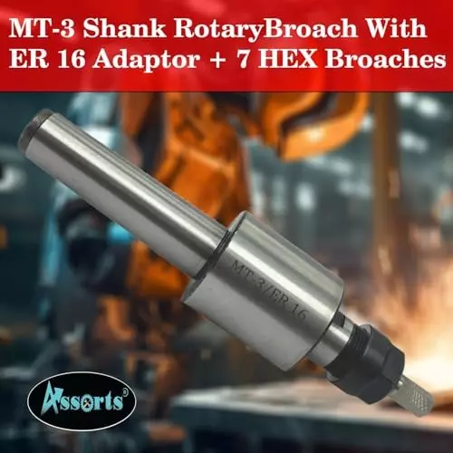 Assorts Rotary Broach Kit Tool Steel ER-16 Adapter MT3 Shank with 7-Piece Hex Broach Set
