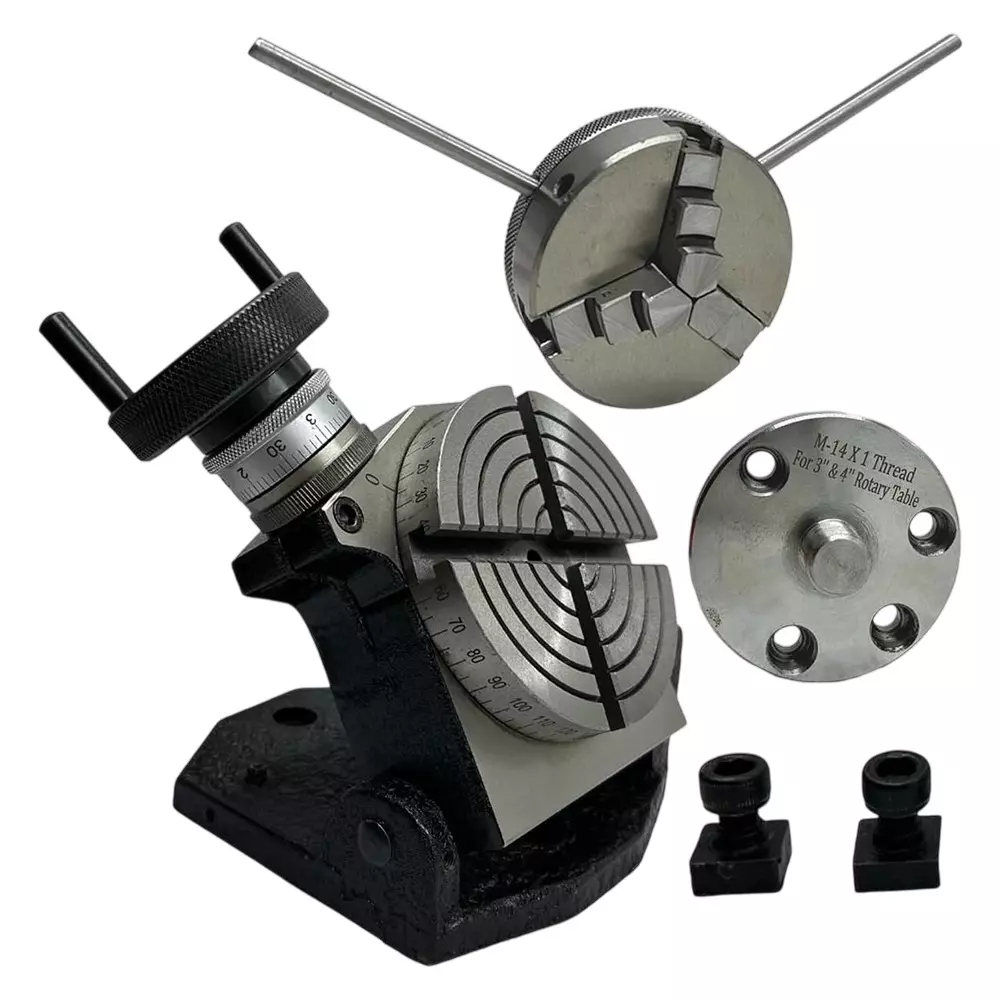 Assorts Quality Precision Tilting Milling Indexing Rotary Table 100 mm (4 Inch) with Small Chuck, Back Plate & Fixing T Nuts Bolts (with 65 mm 3 Jaw)