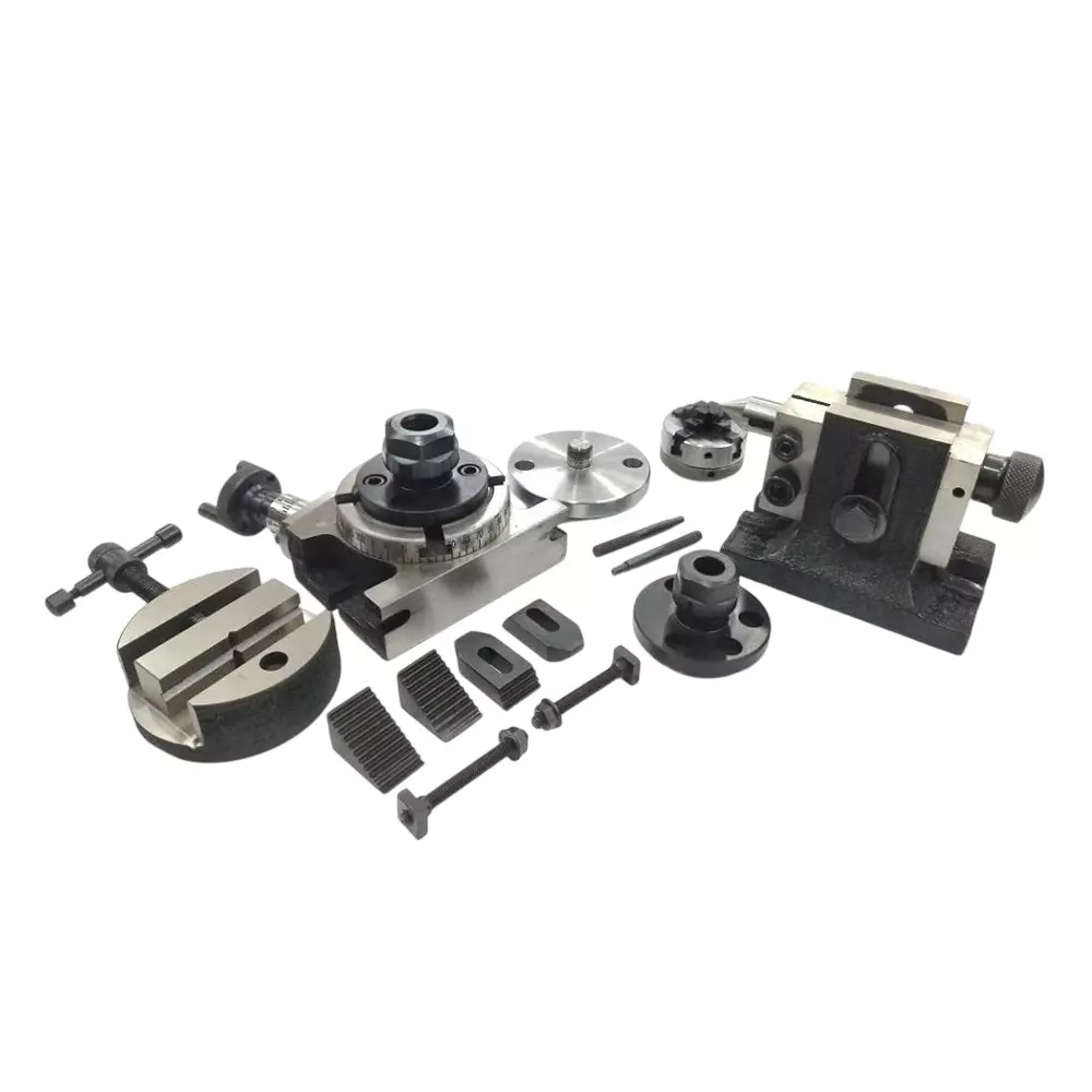 Assorts Rotary Table 80 mm (3 Inch) with ER16 & ER20 Collet Adaptor, M6 Clamp Kit, Round Vice, Tailstock & A Chuck With Back Plate & Fixing Tnuts (With 50 mm 4 Jaw)