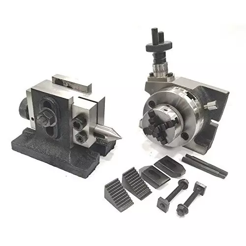 Assorts Rotary Table 80 mm (3 Inch) with ER16 & ER20 Collet Adaptor, M6 Clamp Kit, Round Vice, Tailstock & A Chuck With Back Plate & Fixing Tnuts (With 50 mm 4 Jaw)