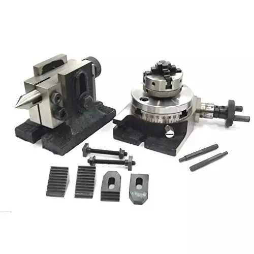 Assorts Rotary Table 80 mm (3 Inch) with ER16 & ER20 Collet Adaptor, M6 Clamp Kit, Round Vice, Tailstock & A Chuck With Back Plate & Fixing Tnuts (With 50 mm 4 Jaw)
