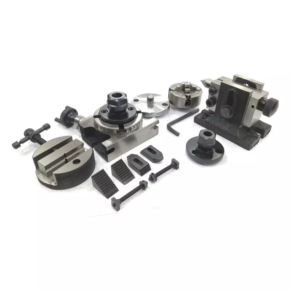 Assorts Rotary Table 80 mm (3 Inch) with ER16 & ER20 Collet Adaptor, M6 Clamp Kit, Round Vice, Tailstock & A Chuck With Back Plate & Fixing Tnuts (With 70 mm)