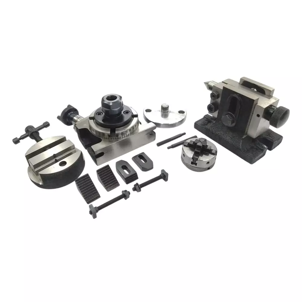 Assorts Rotary Table 80 mm (3 Inch) with ER16 Collet Adaptor, M6 Clamp Kit, Round Vice, Tailstock & A Chuck With Back Plate & Fixing Tnuts (With 50 mm 4 Jaw)